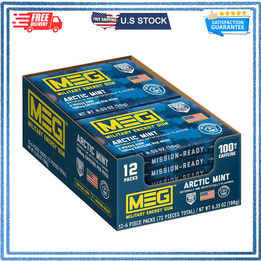 MEG Military Energy Gum Arctic Mint 100mg Caffeine Fast-Acting 12-Pack