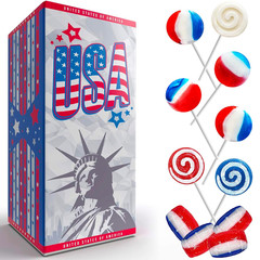 Assorted USA Patriotic Lollipops & Barrels Mix, Red, White, and Blue Box Design,