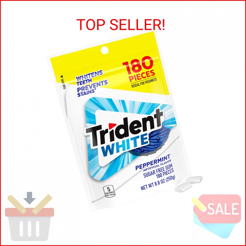Trident White Sugar-Free Chewing Gum with Xylitol, Peppermint, 180 Piece Bulk Re