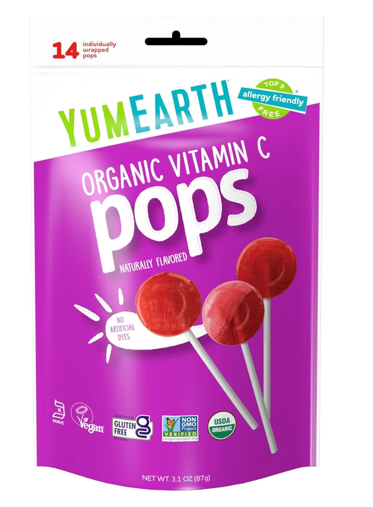Yum Earth Organic Vitamin C pops Individually Wrapped Allergy Friendly, 14 Pops