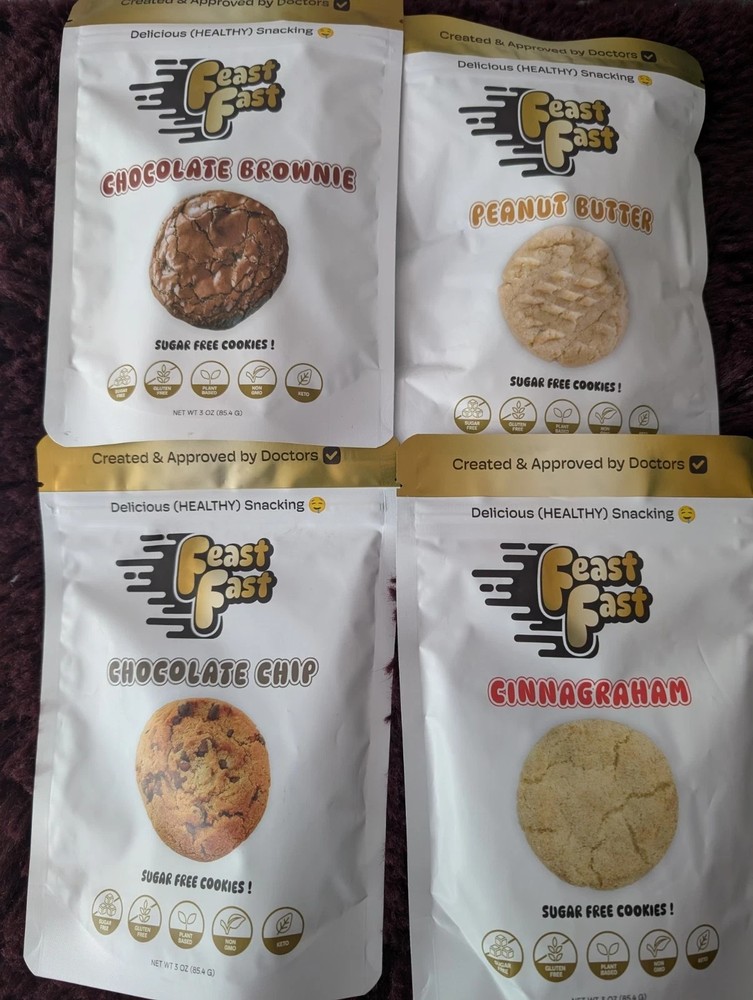 Feast Fast Sugar-Free Cookies: Keto 4-Pack, 3 Oz Each, Exp: 8/2026