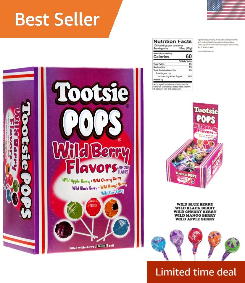 Tootsie Pops Assorted Wild Berry Lollipops – 100 Count with Chocolatey Center